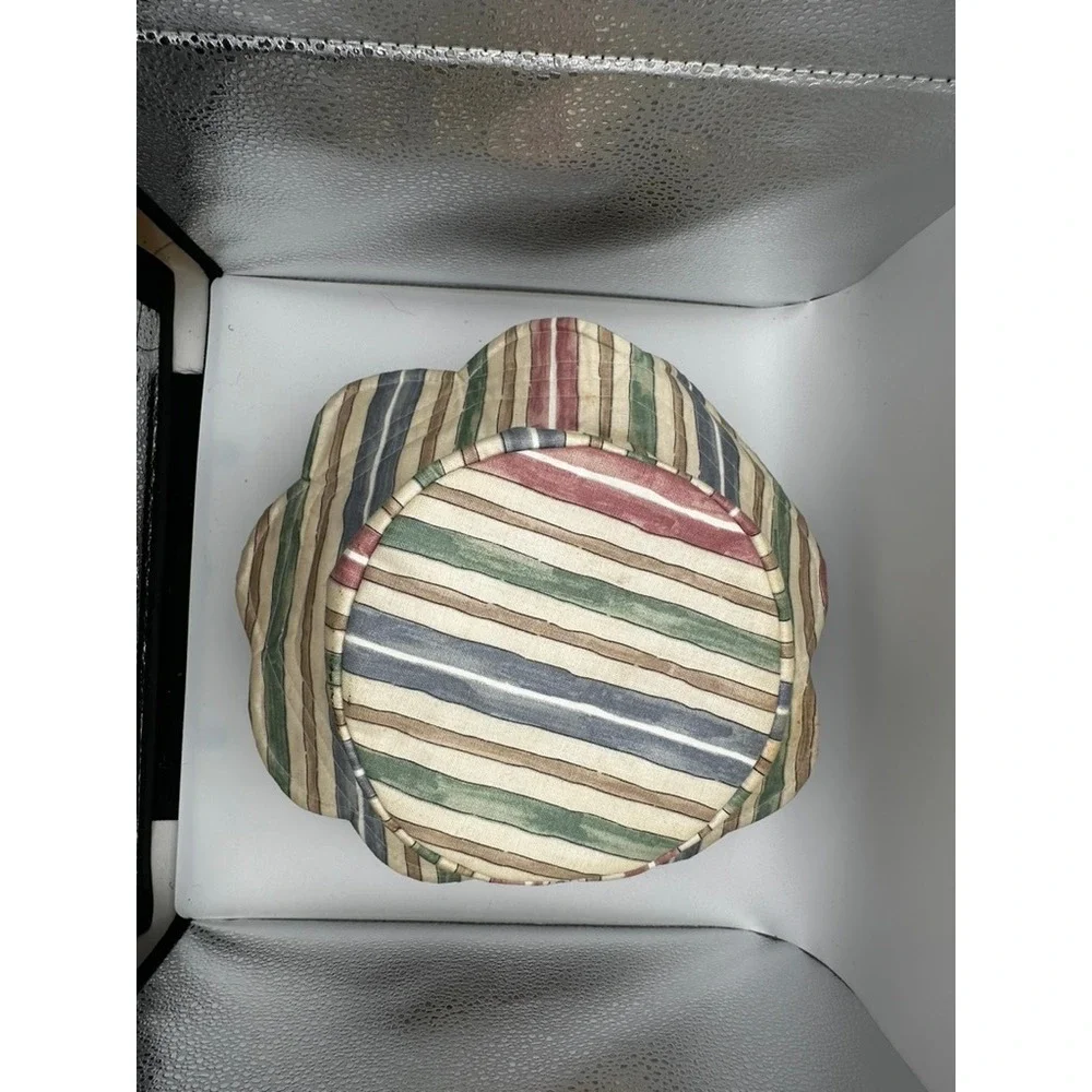 Vintage Scalloped Brim Bucket Hat Multi Color Striped Canvas Sun Hat Earth Tones